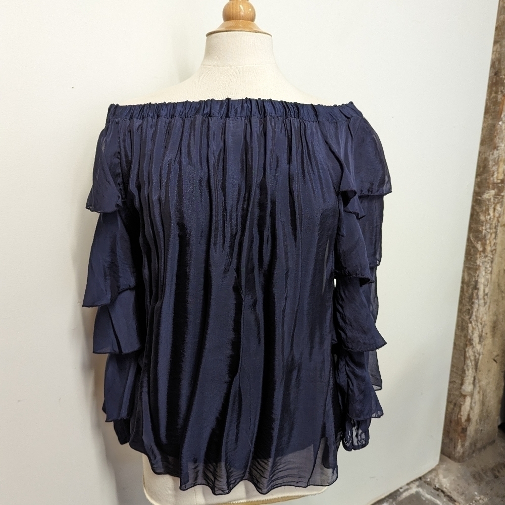 LE Marais Navy Silk Ruffled off the Shoulder Blouse L
